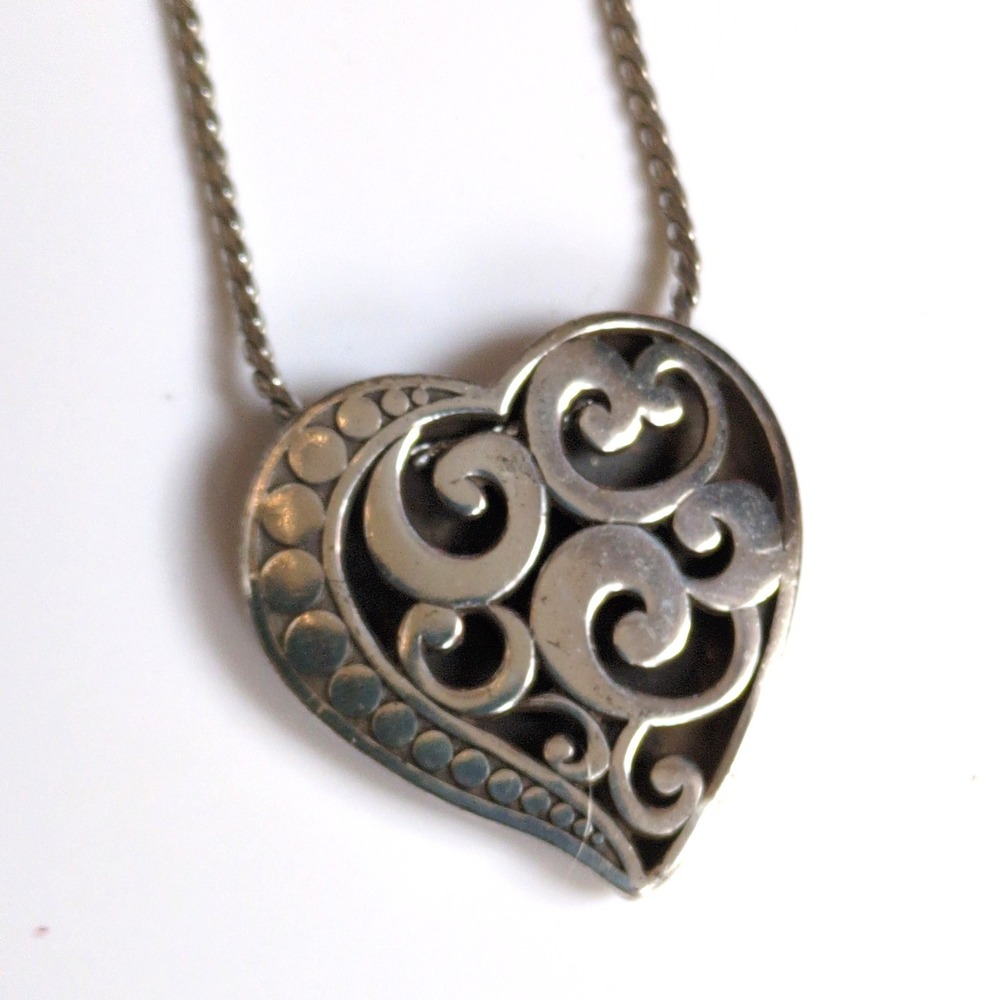 Brighton Comtempo Big Heart Necklace Silver Reversible Filigree Scroll Chain